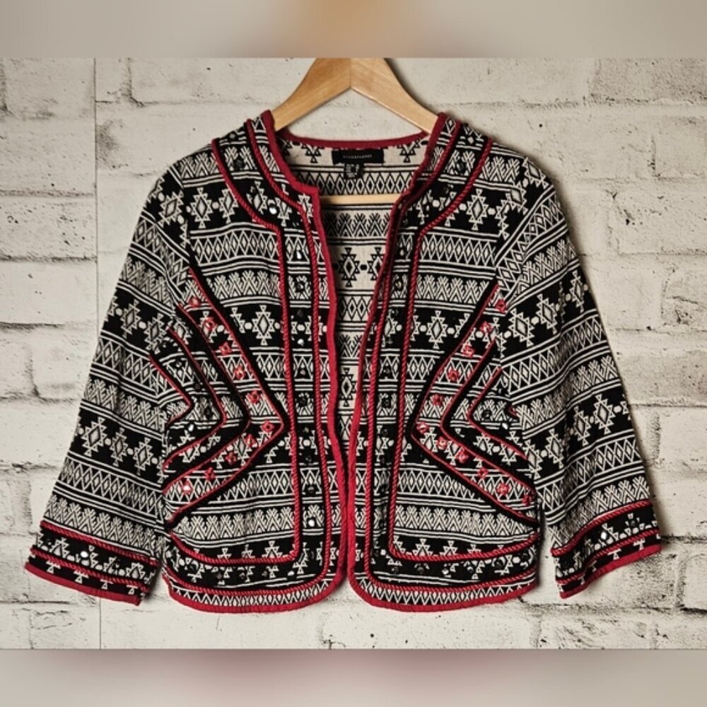 Atmosphere Boho Open Front Black, White, & Red Trim Patterned ¾ Sleeve Jacket